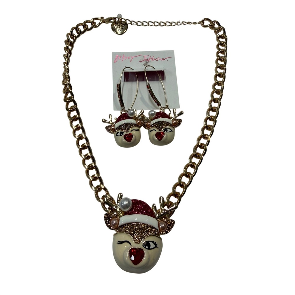 Betsey Johnson Reindeer Necklace Earrings Set Christmas Holiday Gold Tone Red